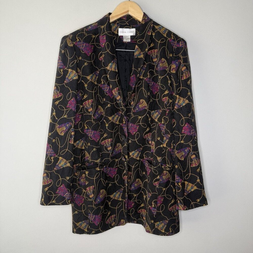 Casual Corner Vintage 100% Silk women’s 80’s Tassel blazer Black Gold Purple 12 - Picture 1 of 8